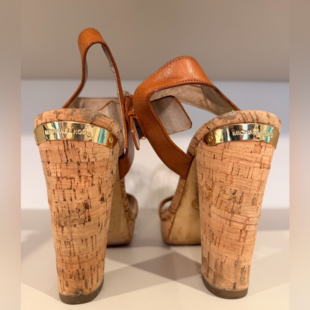 Michael Kors Cognac Leather Cork Platform Heels - Picture 3 of 13